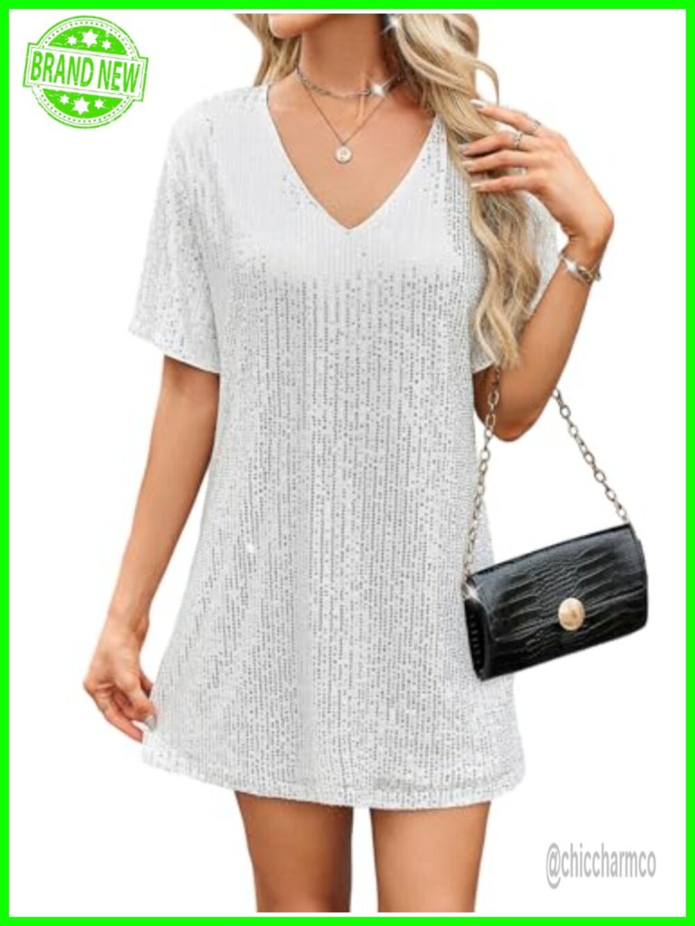 Sequin Sparkly Short Sleeve Tunic Tshirt Dress Loose Glitter Cocktail Party Mini